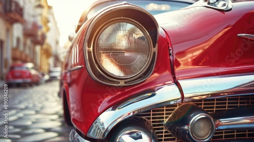 Close up of classic car in old city, red and white colors, retro style with chrome details.