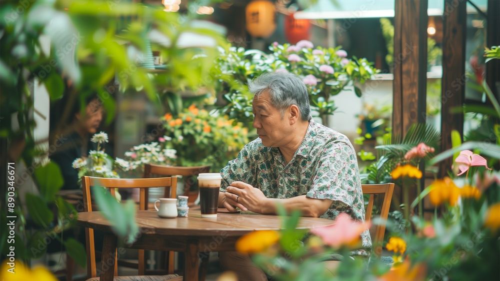庭のカフェにいる男性 庭のカフェにいる男性