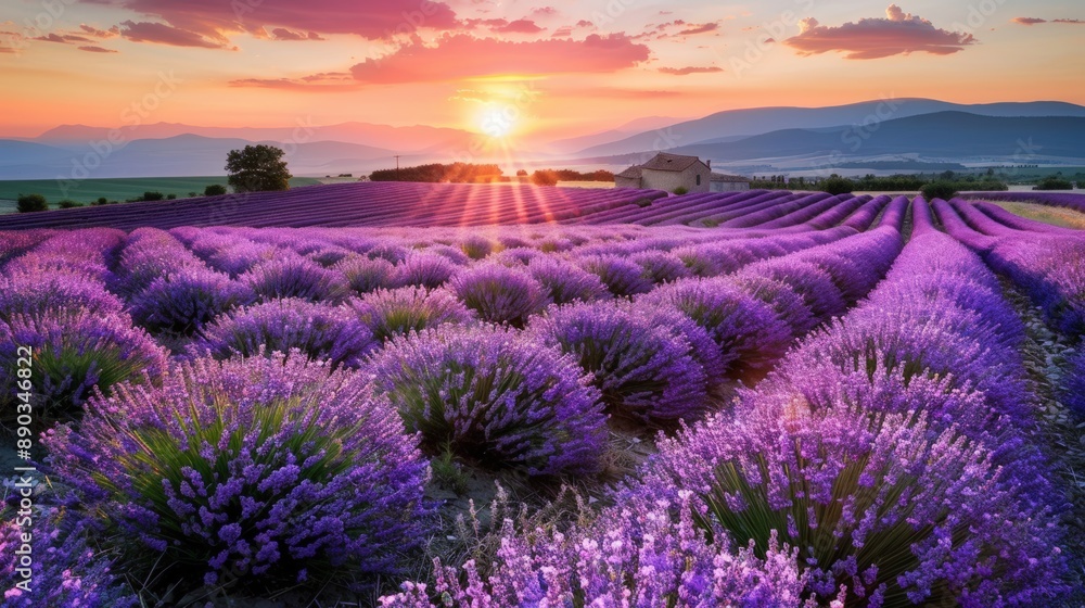 Obraz premium A field of lavender flowers with a beautiful sunset in the background
