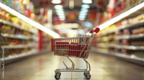 Empty shopping cart in a supermarket aisle photo