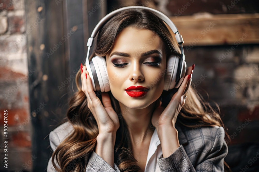 Music lover. A young beautiful glamorous girl with big headphones and bright red lipstick on her lips is listening to music with headphones.