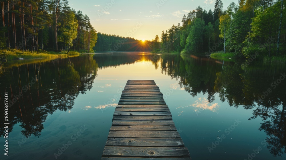 A wooden bridge spans a lake, with the sun setting in the background A wooden bridge spans a lake, with the sun setting in the background