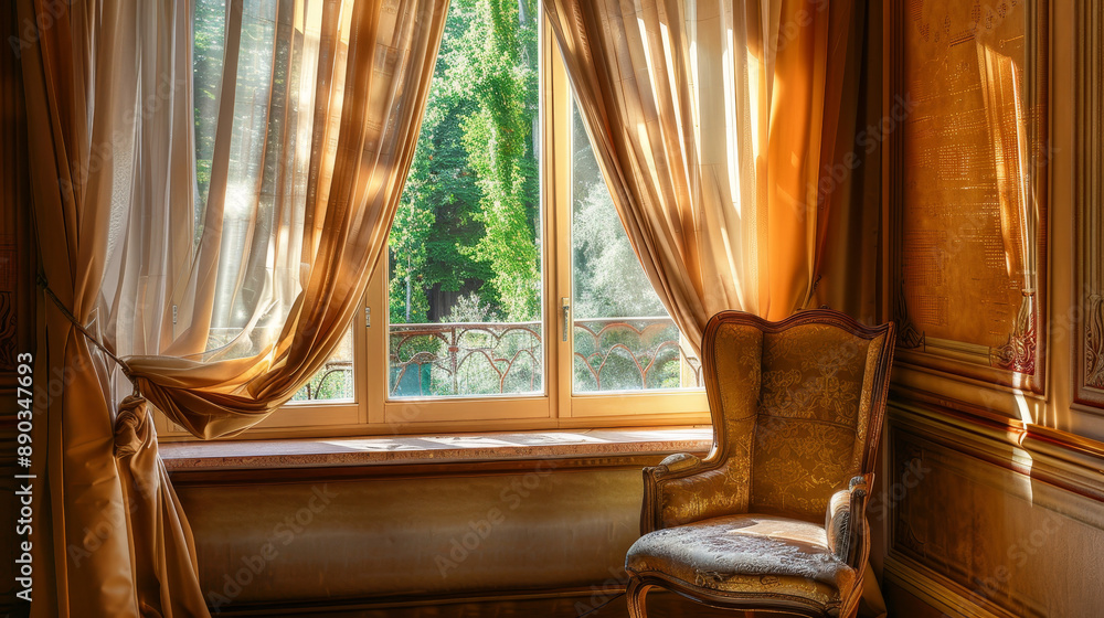 Curtain windows decorating the interior of a room, featuring a vintage light filter. Curtain windows decorating the interior of a room, featuring a vintage light filter.