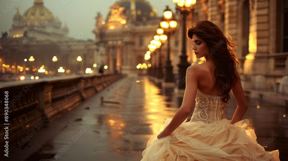 Fototapeta premium Paris bridal fashion shoot: A woman in a white bridal gown, posing elegantly with the Palais Garnier Opera House in the background, evening photo. Elegant. French. Fashion.
