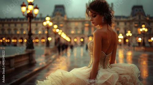 Fototapeta Naklejka Na Ścianę i Meble -  Paris bridal fashion shoot: A woman in a white bridal gown, posing elegantly with the Palais Garnier Opera House in the background, evening photo. Elegant. French. Fashion.