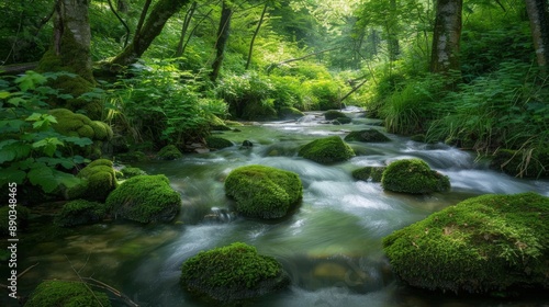 A stream of water flows through a lush green forest
