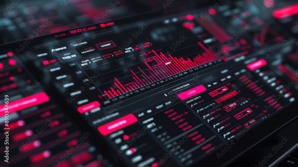 Close-up of a modern dark screen with red graphics. User interface with charts on the cryptocurrency and trading market. Business concept, growth. Close-up of a modern dark screen with red graphics. User interface with charts on the cryptocurrency and trading market. Business concept, growth.