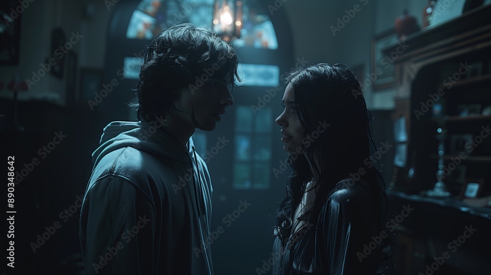 Young Man and Woman Facing Each Other in a Dimly Lit Room Young Man and Woman Facing Each Other in a Dimly Lit Room