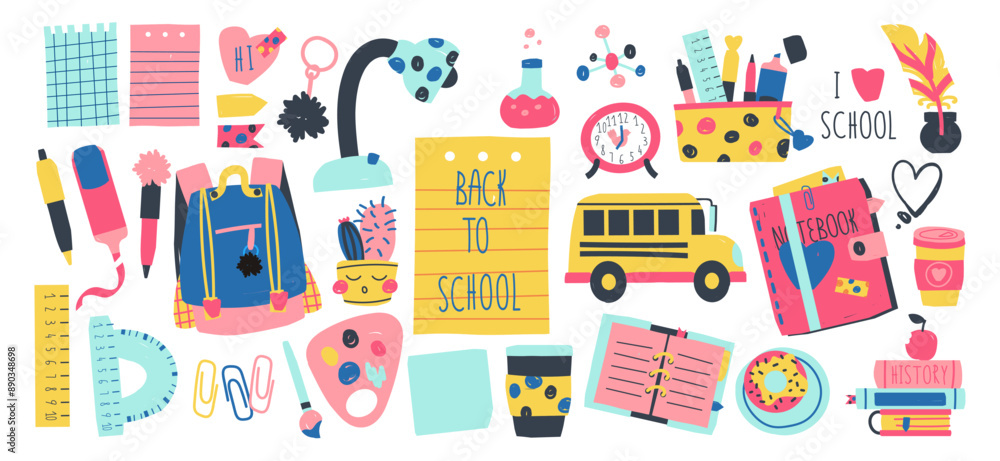 Big set of school supplies. Back to school lettering. Children's subjects. Vector illustration in a flat style on a white background. hand drawn back to school drawing illustration clip art collection Big set of school supplies. Back to school lettering. Children's subjects. Vector illustration in a flat style on a white background. hand drawn back to school drawing illustration clip art collection