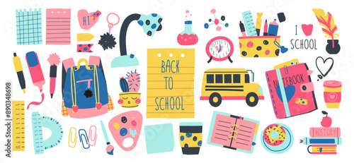 Big set of school supplies. Back to school lettering. Children's subjects. Vector illustration in a flat style on a white background. hand drawn back to school drawing illustration clip art collection