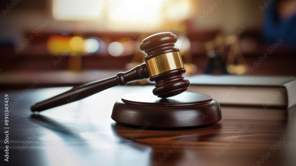 Gavel on table with blurred background, symbolizes legal themes, courtroom elements, justice and law setting Gavel on table with blurred background, symbolizes legal themes, courtroom elements, justice and law setting