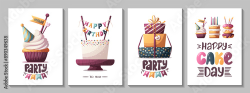 Birthday card set with cakes, gifts, birthday cupcake. Handwritten lettering. Birthday party, celebration, congratulations, invitation concept. Vector illustration. Postcard, card, cover.