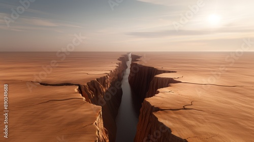 Parched riverbed with deep fissures, baking under a torrid sun, distant heat haze, dramatic weather conditions, high-resolution