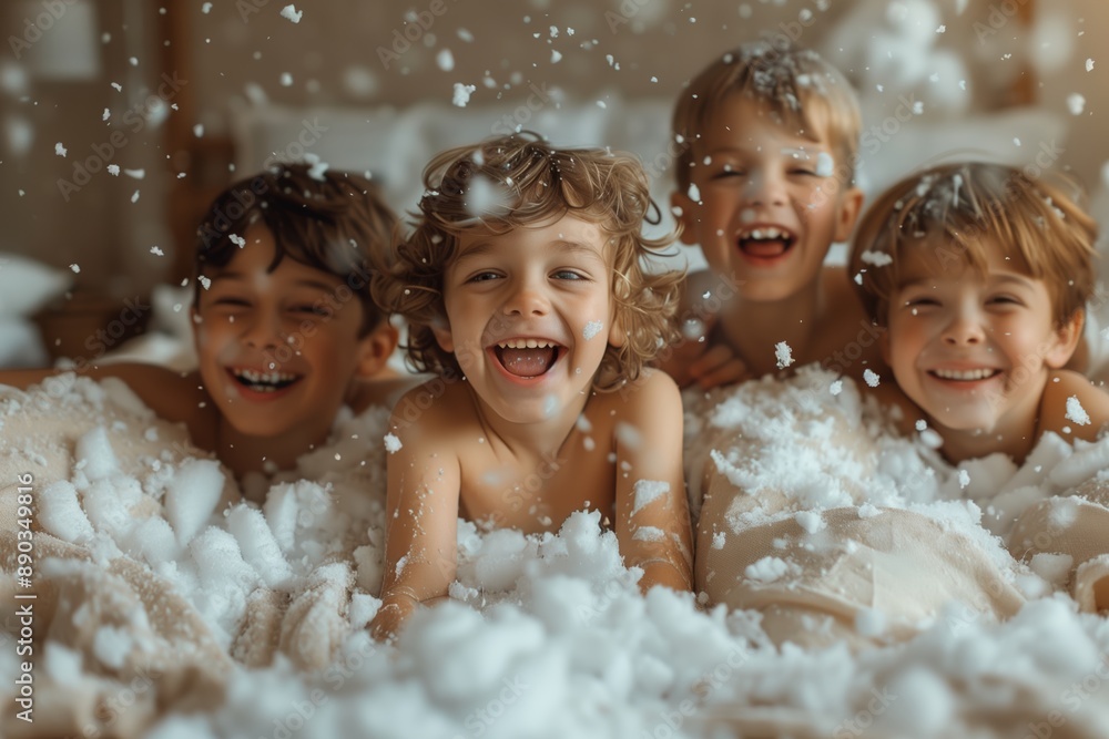 Happy Children Playing in Fake Snow on Bed Happy Children Playing in Fake Snow on Bed
