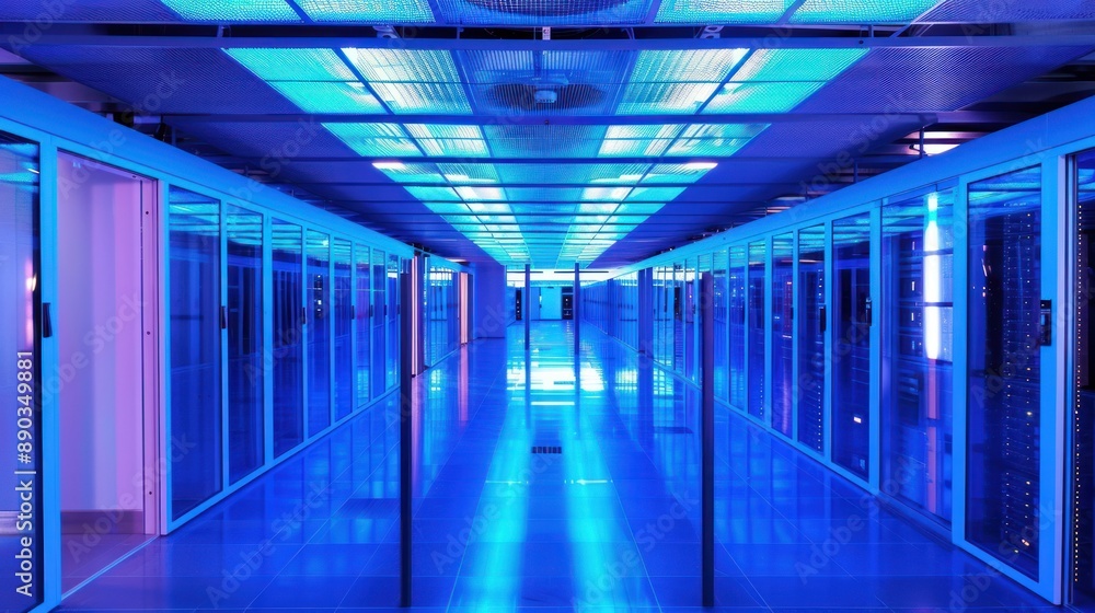 Blue Lit Server Room Corridor Blue Lit Server Room Corridor