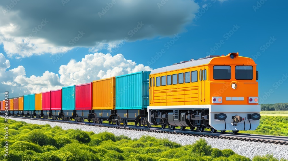 Vibrant freight train with a mix of colorful cargo containers speeding through a lush green landscape Vibrant freight train with a mix of colorful cargo containers speeding through a lush green landscape