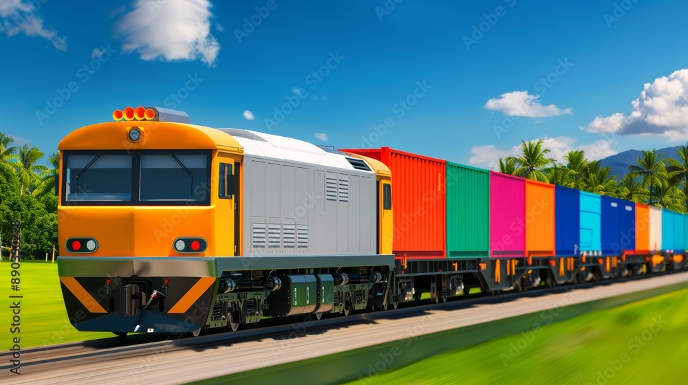Vibrant freight train with a mix of colorful cargo containers speeding through a lush green landscape Vibrant freight train with a mix of colorful cargo containers speeding through a lush green landscape