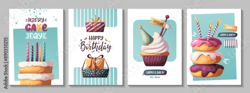 Birthday cards with cake, cupcake, birthday donuts and gifts. Handwritten lettering. Birthday party, celebration, congratulations, invitation concept. Vector illustration. Postcard, card, cover.