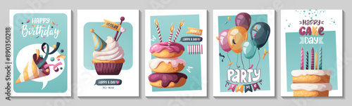 Birthday cards with cake, birthday donuts, balloons, party hat. Handwritten lettering. Birthday party, celebration, congratulations, invitation concept. Vector illustration. Postcard, card, cover
