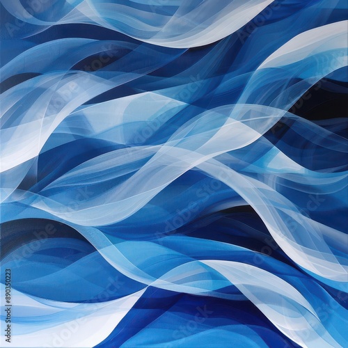 elegant abstract composition of flowing blue waves intertwining with crisp white curves creating a sense of movement and harmony reminiscent of ocean currents or wind patterns