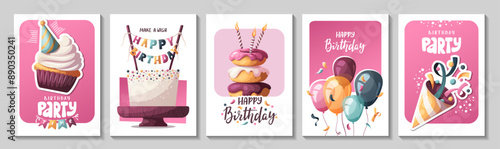 Birthday cards with cake, birthday donuts, balloons, party hat. Handwritten lettering. Birthday party, celebration, congratulations, invitation concept. Vector illustration. 