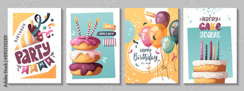 Birthday card set with cake, balloons, birthday donuts, party hat. Handwritten lettering. Birthday party, celebration, congratulations, invitation concept. Vector illustration. Postcard, card, cover.