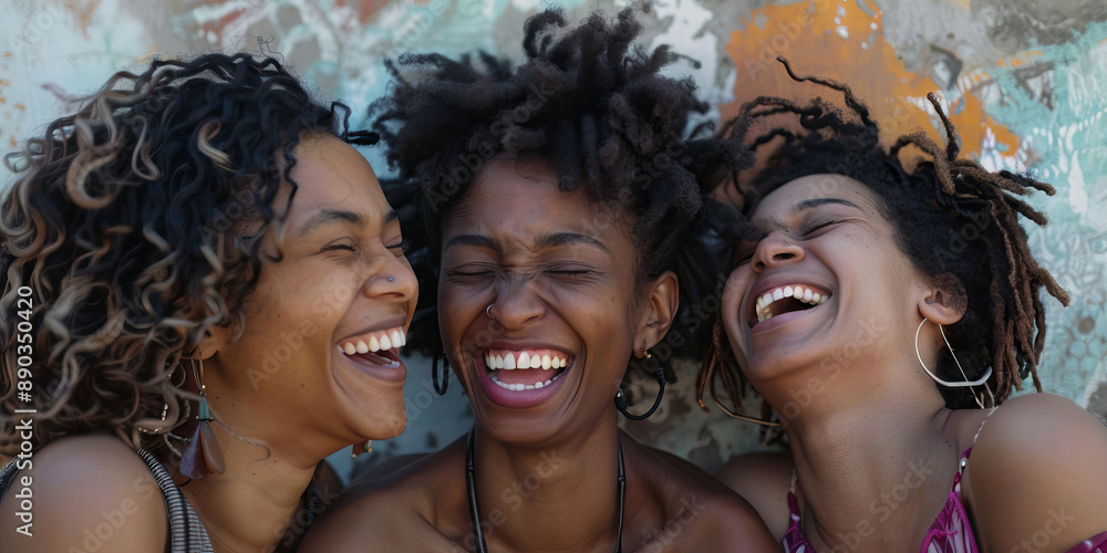 Obraz premium Unbreakable Bonds: Three African American friends laughing together, hands entwined