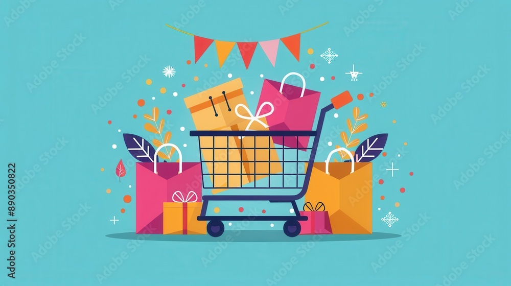 Online shopping cart, items added and ready for checkout, flat design illustration Online shopping cart, items added and ready for checkout, flat design illustration