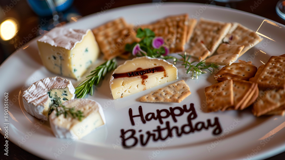 バルサミコソースで「Happy Birthday」と書かれたチーズプレート バルサミコソースで「Happy Birthday」と書かれたチーズプレート