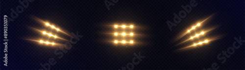 Stadium floodlight isolated set of LED strobe lights for lighting stage, stadium, podium, advertising presentations.
