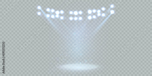 Bright stadium floodlights for sports games, concerts, shows, events. Transparent background Adobe Illustrator Artwork