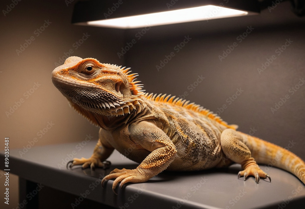 Obraz premium A bearded dragon basking under a heat lamp. 