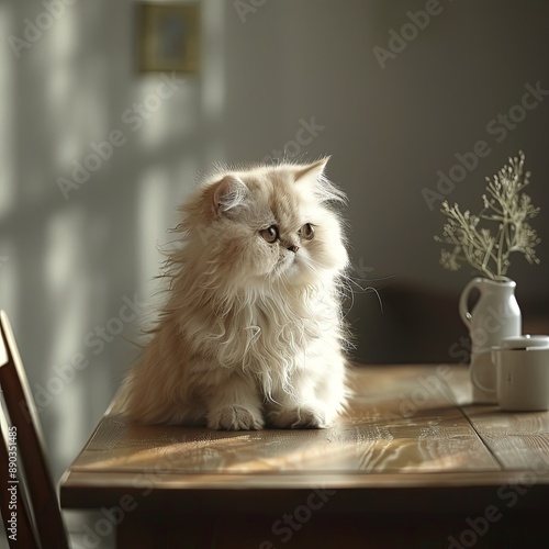 Cute persian cat sitting on wood table