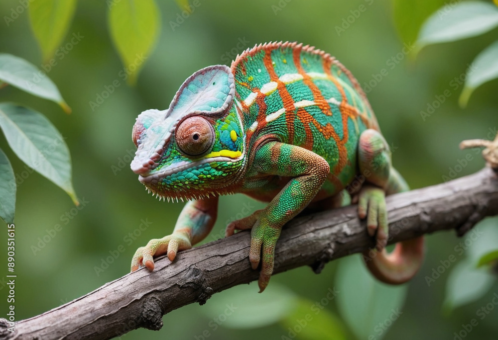 A chameleon changing colors on a branch. A chameleon changing colors on a branch.