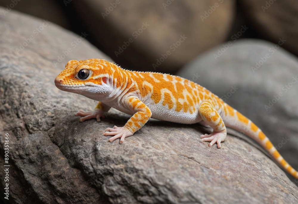 A leopard gecko climbing on a rock. A leopard gecko climbing on a rock.