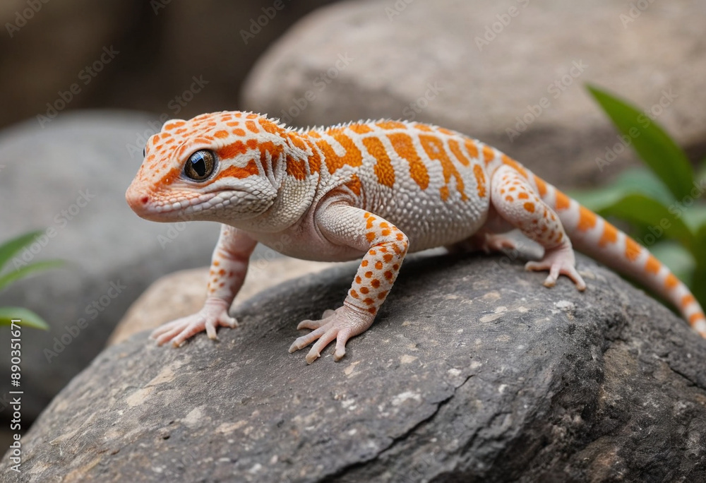 A leopard gecko climbing on a rock. A leopard gecko climbing on a rock.