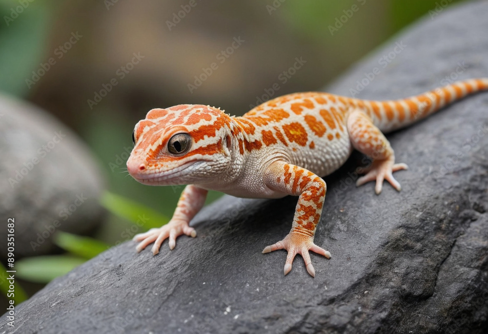 Obraz premium A leopard gecko climbing on a rock. 
