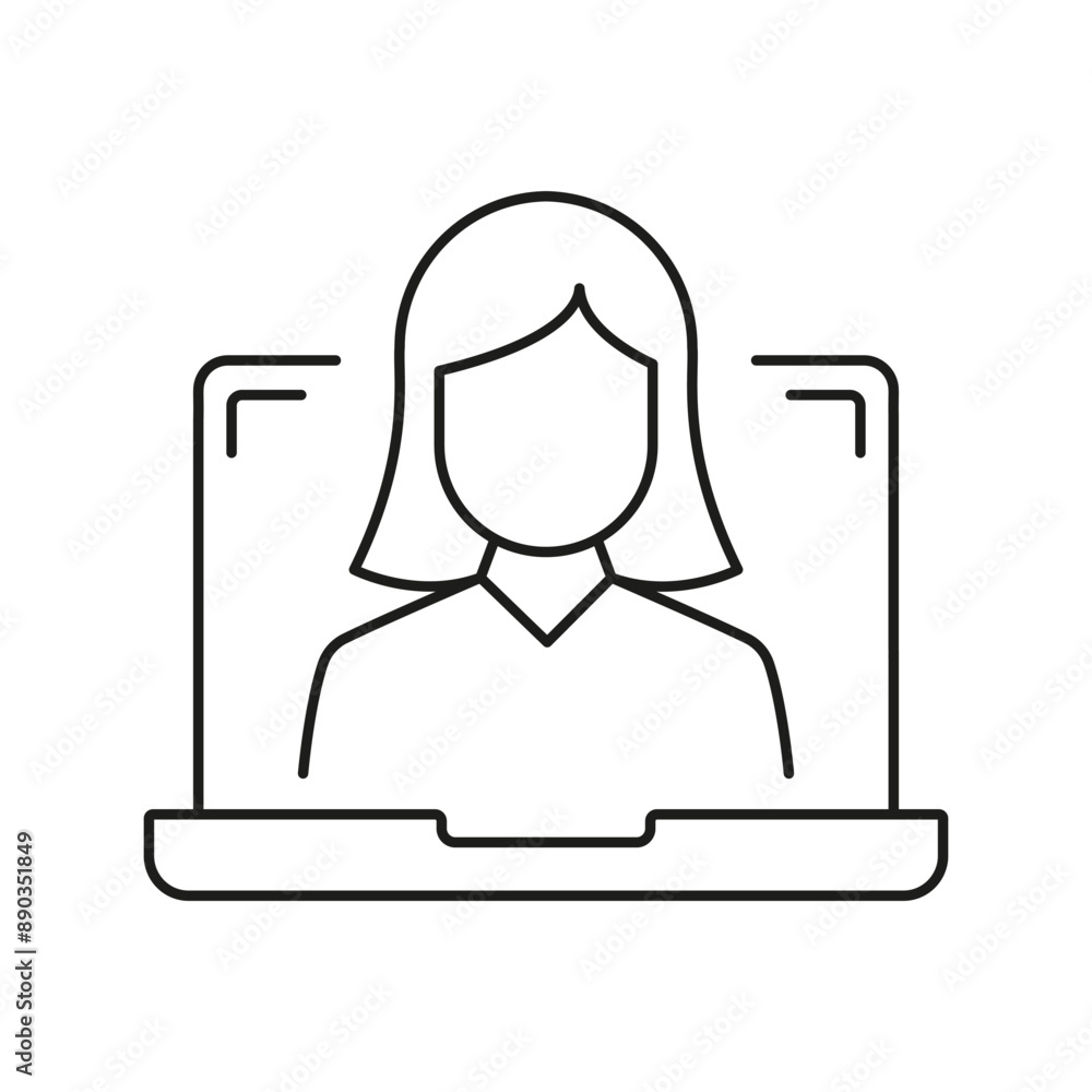 Woman Line Icon on Laptop Screen, Online Communication or Video Call. Virtual Meetings and Digital Interaction. Isolated Vector Illustration Woman Line Icon on Laptop Screen, Online Communication or Video Call. Virtual Meetings and Digital Interaction. Isolated Vector Illustration