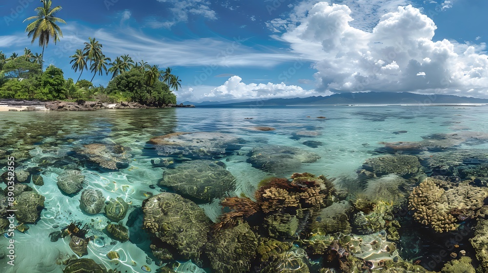Fototapeta premium Tropical Island Lagoon with Palm Trees and Clear Water.