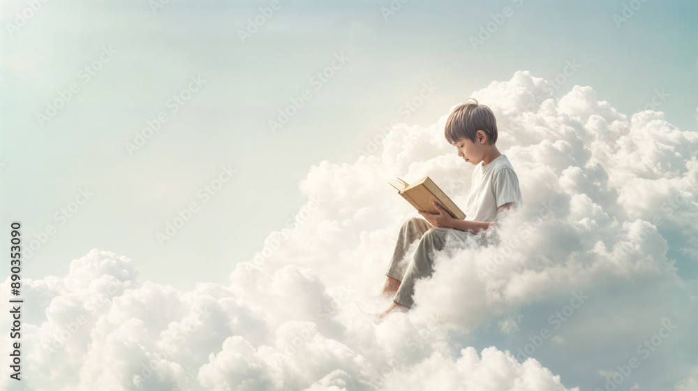 Young boy reading a book while sitting on clouds in the sky Young boy reading a book while sitting on clouds in the sky