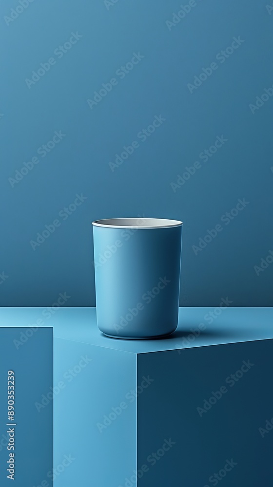 A blue cup is sitting on a blue surface A blue cup is sitting on a blue surface