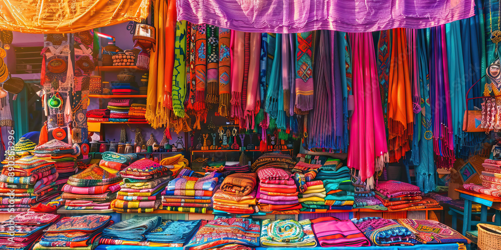 Fototapeta premium The Vibrant Vendors: A colorful market stall, displaying rows of vivid fabrics, jewelry, and handcrafted wares