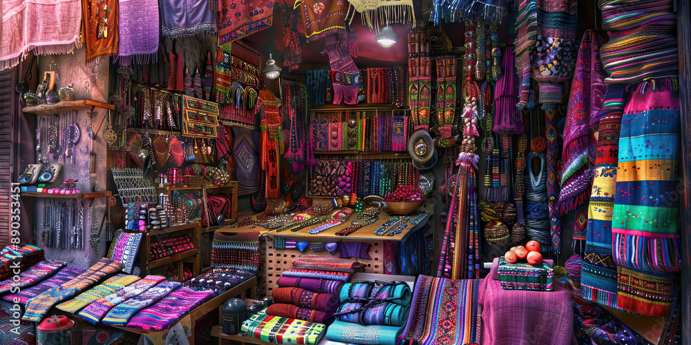 Fototapeta premium The Vibrant Vendors: A colorful market stall, displaying rows of vivid fabrics, jewelry, and handcrafted wares