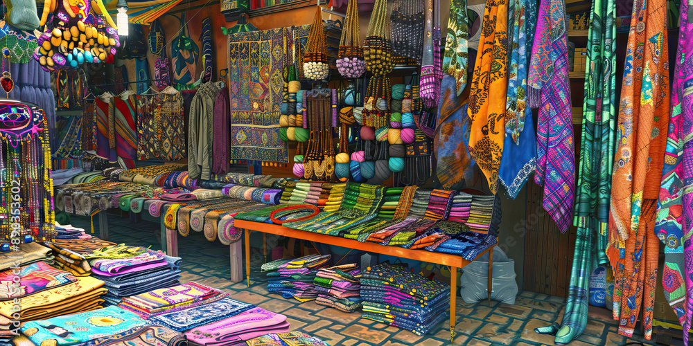 Fototapeta premium The Vibrant Vendors: A colorful market stall, displaying rows of vivid fabrics, jewelry, and handcrafted wares