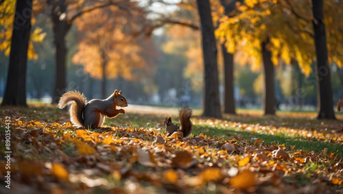 squirrel autumn leaves in the park