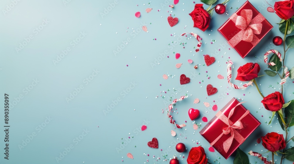 Festive Valentine's Day Background with Gifts and Roses Festive Valentine's Day Background with Gifts and Roses