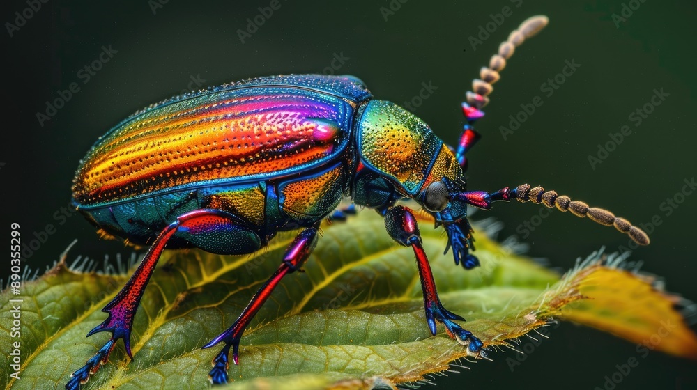 Fototapeta premium Beetle with bright, metallic colors on a leaf