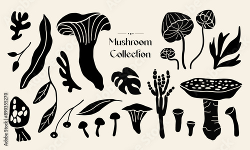 Mushroom, leaf, natural silhouette illustration. Fungi flat graphic, isolated vector.