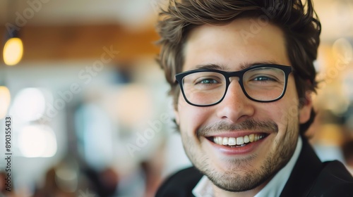 Confident young professional smiling wearing glasses.