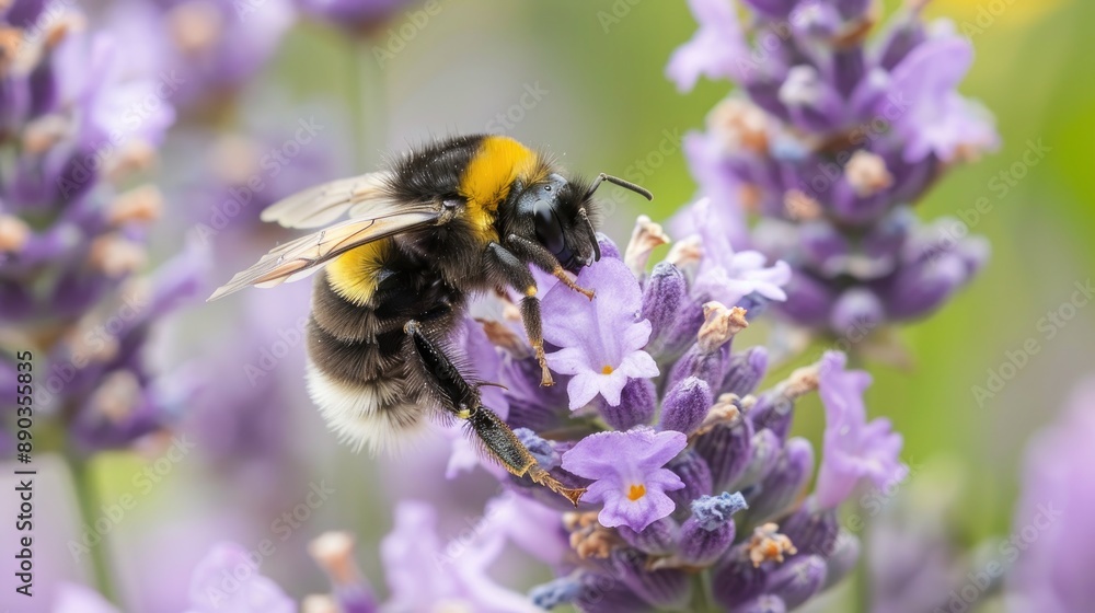 Bumblebee pollinating a blooming lavender plant in a garden Bumblebee pollinating a blooming lavender plant in a garden